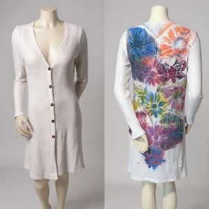 Handpainted Upcycled Boho Long Duster Cardigan With Floral Back Design Size M